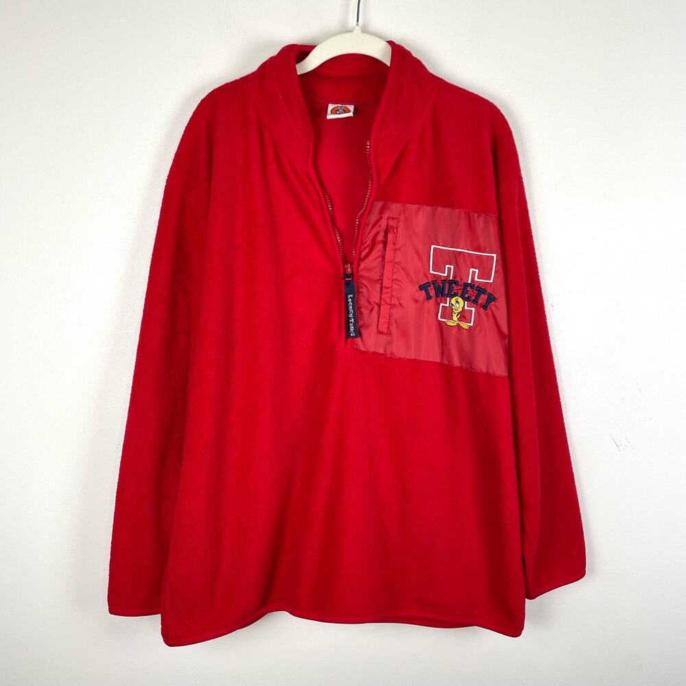 VTG 90s 00s Looney Tunes Fleece Jacket XXL Tweety Bird Pullover Sweatshirt Red